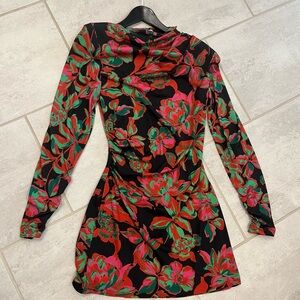 Zara Black Long Sleeve Floral Mini Dress with Red, Pink, and Green Print Ruched